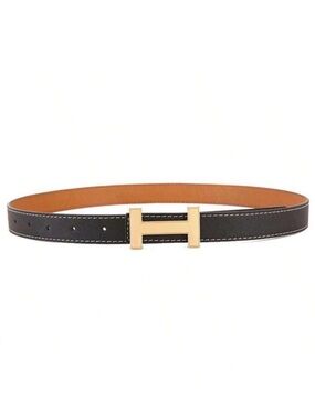 Women’s Black Reversible Leather Belt with Gold 'H' Buckle